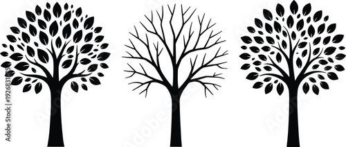 Black silhouette tree icons set with lush leaves and bare winter branches isolated on white background for seasonal nature cycle and environment design.