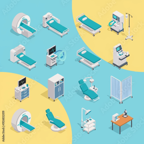Medical equipment and hospital furniture illustrations set.