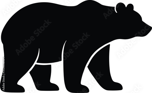 Black vector illustration of a grizzly bear silhouette in a walking pose isolated on white background for wildlife nature conservation and wilderness designs