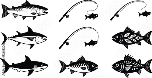 Black vector illustration set of diverse fish species including salmon tuna and shark with fishing rods for hobby sport and seafood restaurant designs