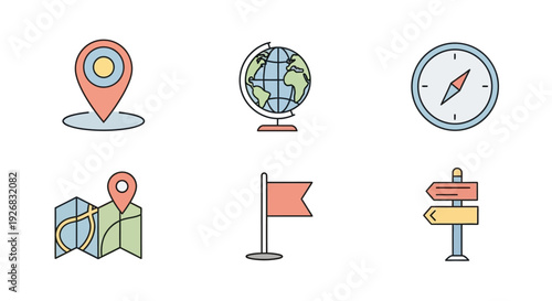 Navigation and GPS Location Icon Set in Flat Bold Line Style. Includes map pins, globes, flags, directional signs, and search tools.