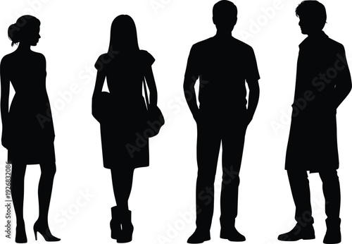 Vector Silhouette Illustration of Diverse People Standing in Fashionable Outfits Featuring Men and Women in Casual and Professional Attire Isolated on White Background