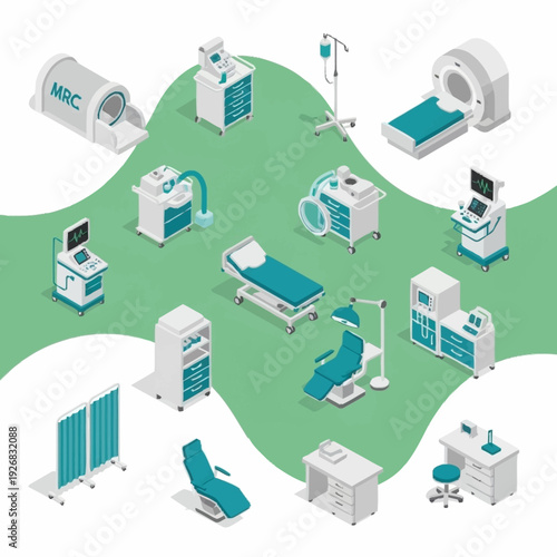 Medical equipment and hospital furniture illustration set.