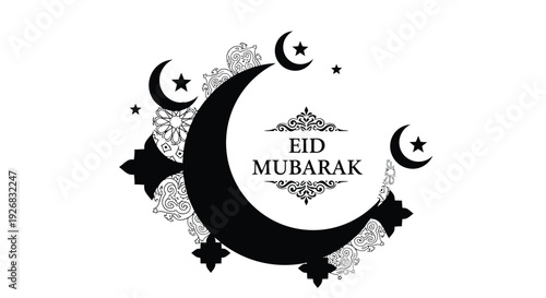 Eid mubarak greeting featuring a crescent moon stars and ornamental floral design
