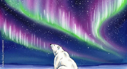A stunning watercolor illustration of a polar bear gazing at the vibrant aurora borealis in the night sky