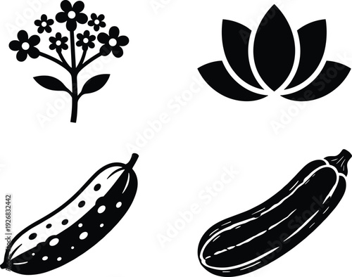 Black vector silhouette icon set of garden elements including a blooming flower branch lotus lily blossom and two textured cucumbers for organic nature designs
