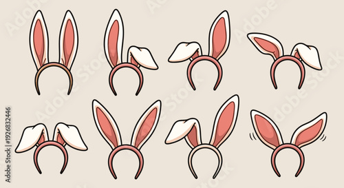 A collection of cute bunny ear headbands in flat cartoon vector style, perfect for festive celebrations and playful designs