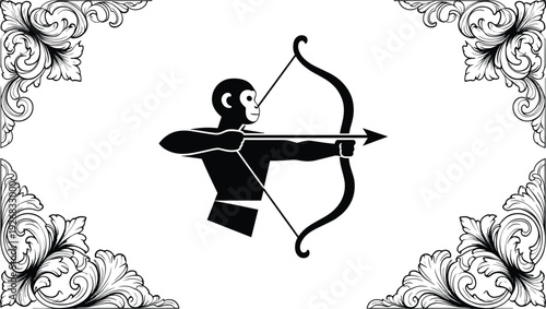 Black vector silhouette of a monkey archer shooting a bow and arrow framed by vintage ornate floral corners for mythological branding and creative designs