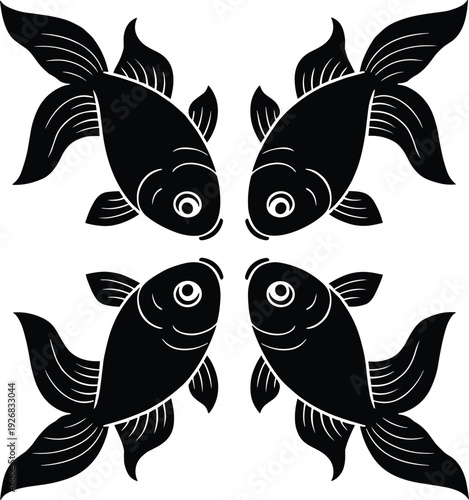 Black vector silhouette of four fancy goldfish or koi swimming toward the center in a symmetrical square composition for aquarium and oriental nature design