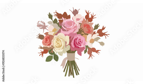 Summer Rose Bouquet Vector Illustration with Tea Rose and Rose Hip Botanical Floral Arrangement