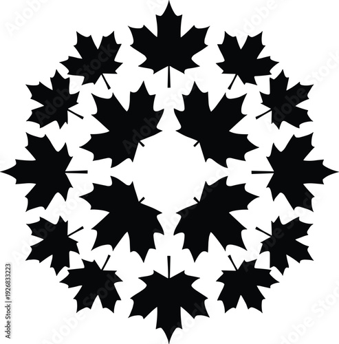 Black vector silhouette of several maple leaves arranged in a circular mandala pattern for autumn nature themes Canadian symbols and seasonal foliage design projects