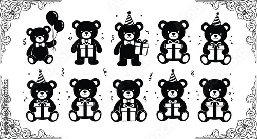 Black vector silhouette set of cute teddy bears celebrating birthdays with party hats gift boxes and balloons for holiday greeting card design