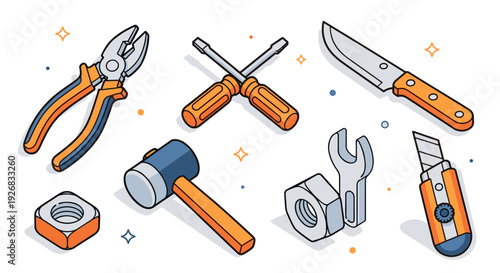 A collection of hand tools including pliers, hammer, wrenches, and a knife in flat modern vector style, suitable for construction and repair projects