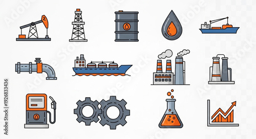 Oil and gas industry icons representing extraction, processing, and transportation.