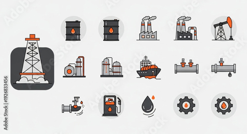 Oil and gas industry icons representing various aspects of energy production and distribution.