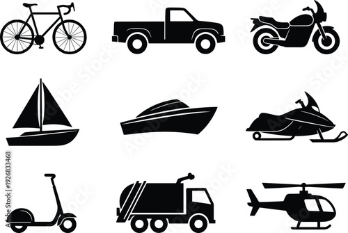 Black vector silhouette set of diverse transportation vehicles including a bicycle truck motorcycle sailboat speedboat jet ski scooter garbage truck and 