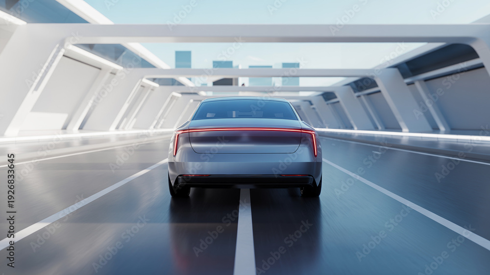 Obraz premium Full rear view of silver futuristic electric sedan driving through modern white minimalist urban environment, sustainable transportation concept