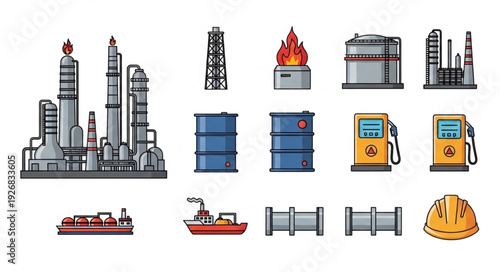 Oil refinery and related equipment, industrial complex, energy production, and fuel storage.