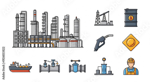 Oil refinery and related industrial icons representing energy and production.