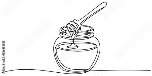 honey with jar continuous one line drawing, Glass canning jar in continuous line art drawing style. Food preserve. Minimalist black linear sketch on white background. Vector illustration, single-line
