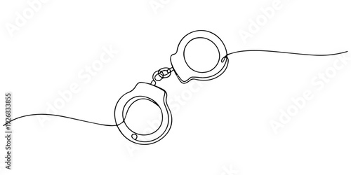 Continuous one line drawing of handcuffs minimal vector illustration for law crime police and justice concept, Pair of police handcuffs illustrated in a continuous single line drawing style, a minimal