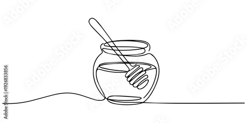 honey with jar continuous one line drawing, Glass canning jar in continuous line art drawing style. Food preserve. Minimalist black linear sketch on white background. Vector illustration, single-line