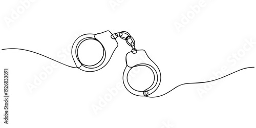 Continuous one line drawing of handcuffs minimal vector illustration for law crime police and justice concept, Pair of police handcuffs illustrated in a continuous single line drawing style, a minimal