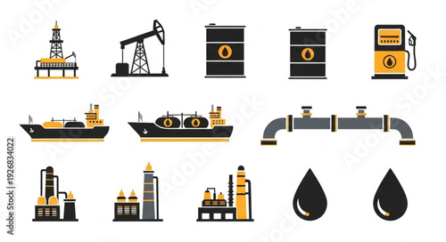 Oil and gas industry icons representing extraction, transportation, and refining processes.