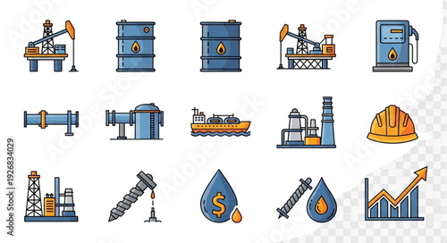 Oil industry icons representing various aspects of the oil and gas business.