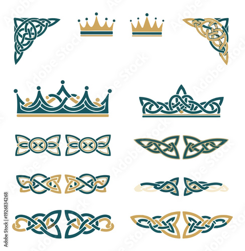 Celtic knotwork and crown design elements on black background