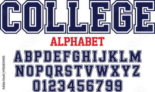 Vintage Navy Blue Collegiate Alphabet Vector Set Featuring Bold Slab Serif Block Letters and Numbers for University Varsity and Athletic Apparel Design
