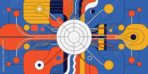 Complex network of interconnected lines and shapes on blue background. abstract illustration of data flow and connections