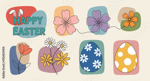 A colorful Easter greeting featuring flowers and decorated eggs in modern vector style, perfect for festive cards and decorations
