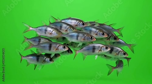 School of fish swimming together against green background