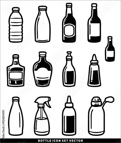 Bottle icon set in clean black silhouette style
