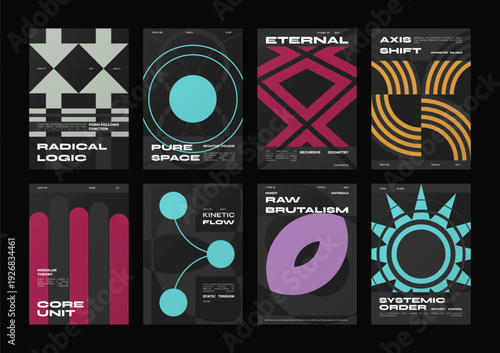 Brutalism poster collection.Brutalism poster collection. Geometric minimalist poster bundle. Bauhaus geometric poster set for modern event layouts, bold graphic branding, tech gallery art and covers.