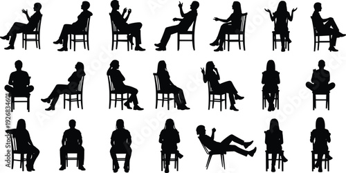Black vector silhouette set of diverse people sitting in chairs in various poses and profiles for office meeting waiting room and interior design projects