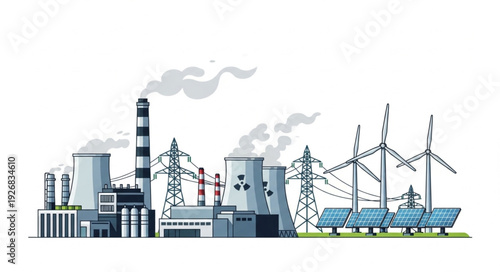 Modern power plant illustration showcasing renewable energy sources and industrial infrastructure.