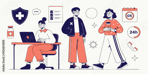Healthcare and medical services illustration featuring people, shield, checklist, calendar, phone, and medication symbols