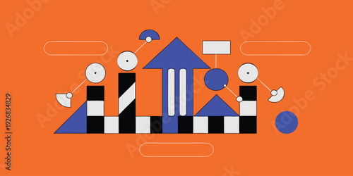 Abstract illustration of business growth and strategy, featuring geometric shapes, arrows, and connected elements on orange background