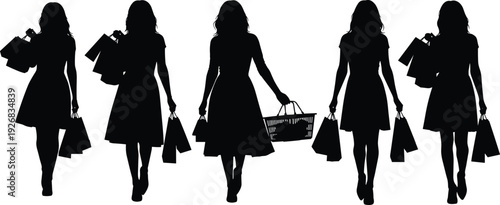 Black vector silhouette set of five fashionable women carrying shopping bags and a grocery basket for retail therapy consumerism and commercial fashion concepts
