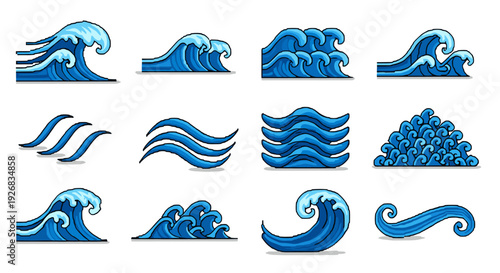 A collection of stylized ocean wave icons in blue vector style, perfect for marine-themed projects and designs