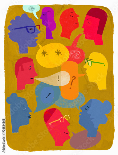 Heads talking with speech bubbles