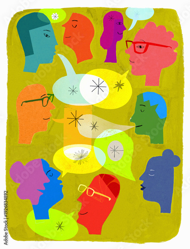 Heads talking with speech bubbles