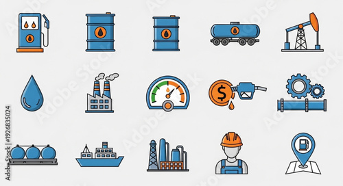 Oil and gas industry icons representing various aspects of the sector.