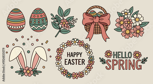 A collection of Easter and spring-themed illustrations featuring decorated eggs, flowers, a bunny, and festive greetings in colorful vector style, ideal for holiday cards and decorations