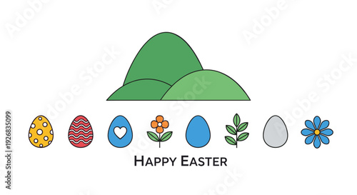 A collection of colorful Easter eggs and flowers with green hills in minimalist vector style, perfect for holiday greetings and cards