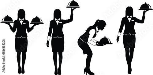 Black vector silhouette set of four waitresses in uniform carrying food trays with cloche covers for restaurant service catering and hospitality industry design