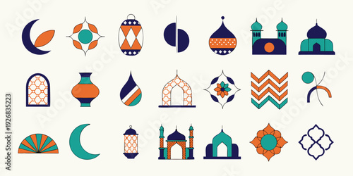 Set of ramadan kareem icons for islamic holidays with crescent moon lanterns mosques and arabian geometric patterns for greeting cards or social media banners in flat design style