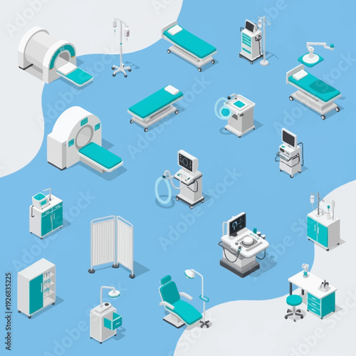 Medical equipment and hospital furniture illustration set.